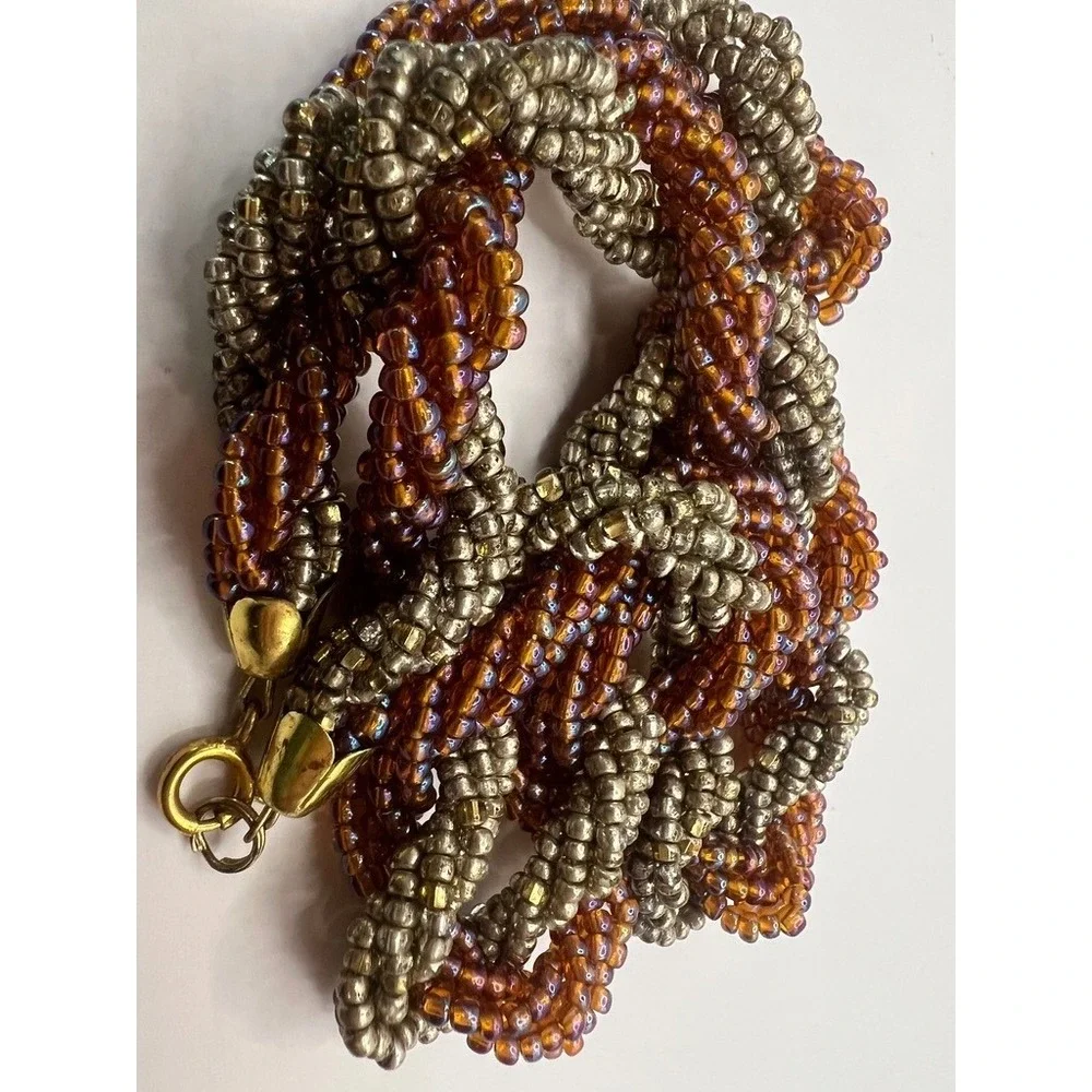 Vintage Necklace Twisted Glass Seed Bead Amber Iridescent Multi Strand Statement